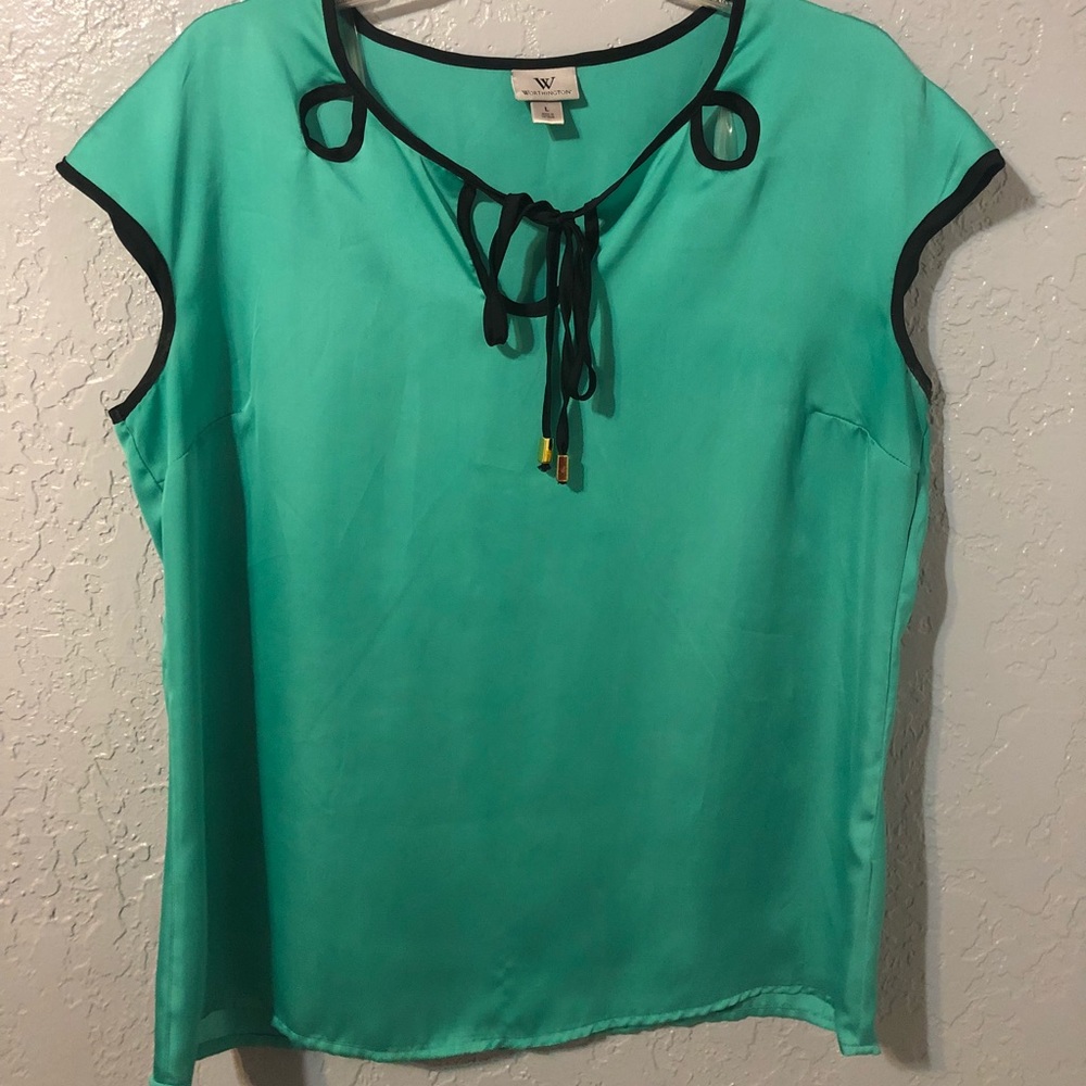 Aqua satin shirt with black trim and bow